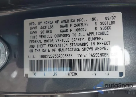 2008 Honda Accord 2.4 Ex из США, поврежденный, VIN 1HGCP26758A006893